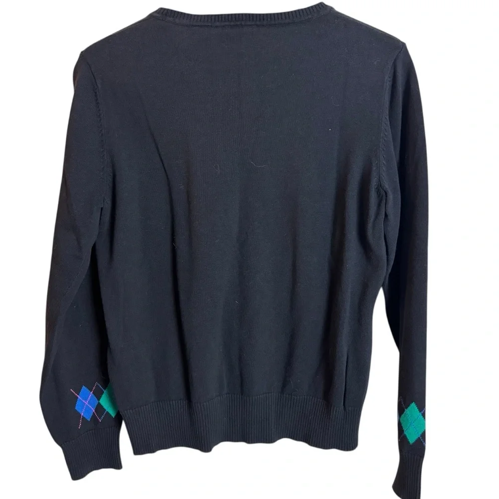 Preppy Argyle Crewneck Sweater Black Blue Size Large 100% Cotton Kim Rogers